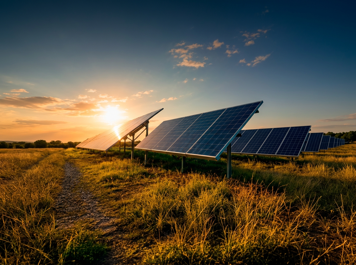 Campo de painéis solares iluminado pelo pôr do sol